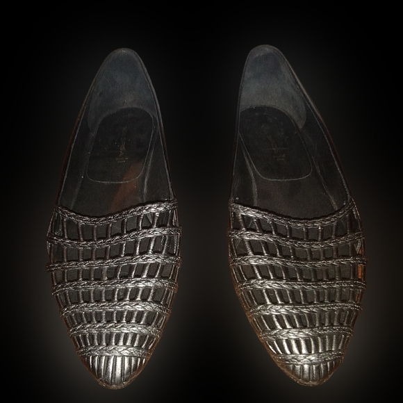 Via Spiga Italian Flats Loafers Black and Woven/Braided Metallic Silver Leather - Picture 4 of 8